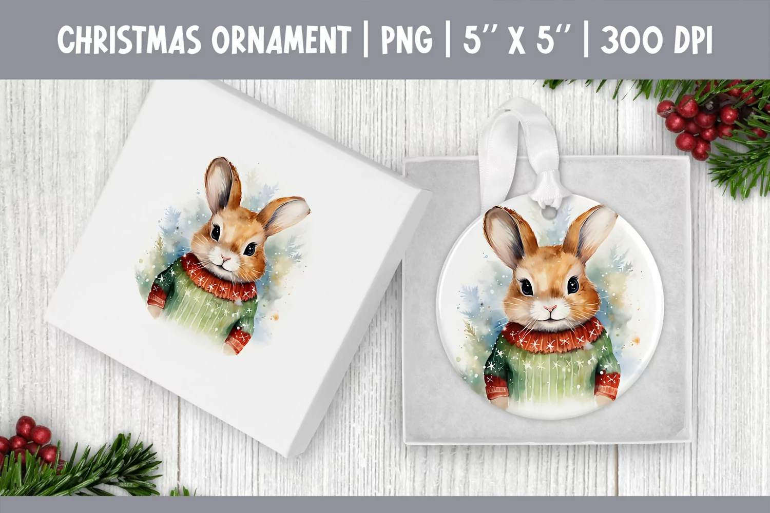 Watercolor Christmas Rabbit Ornament Sublimation Design PNG product image 1