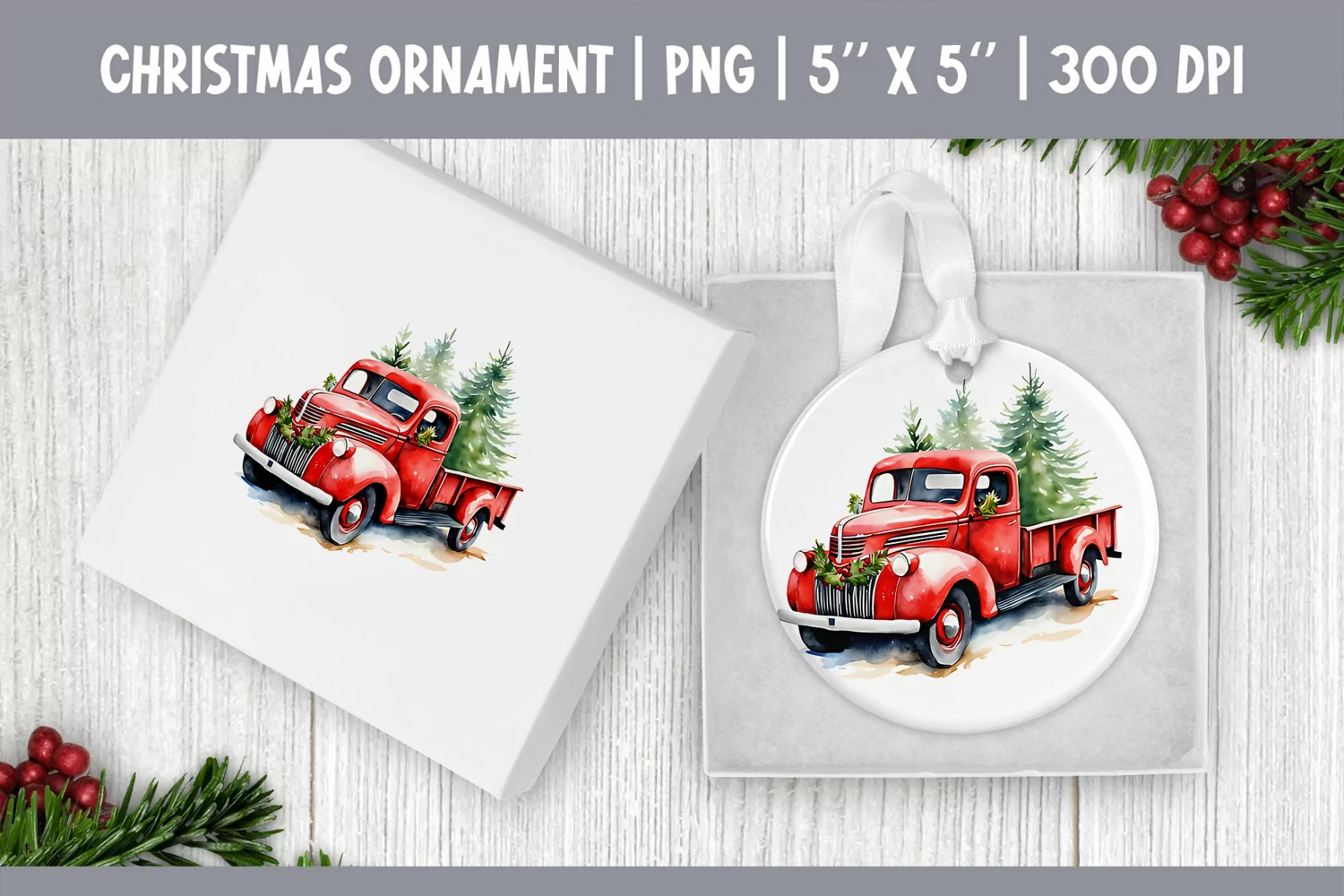 Watercolor Christmas Red Truck Ornament Sublimation Design product image 1