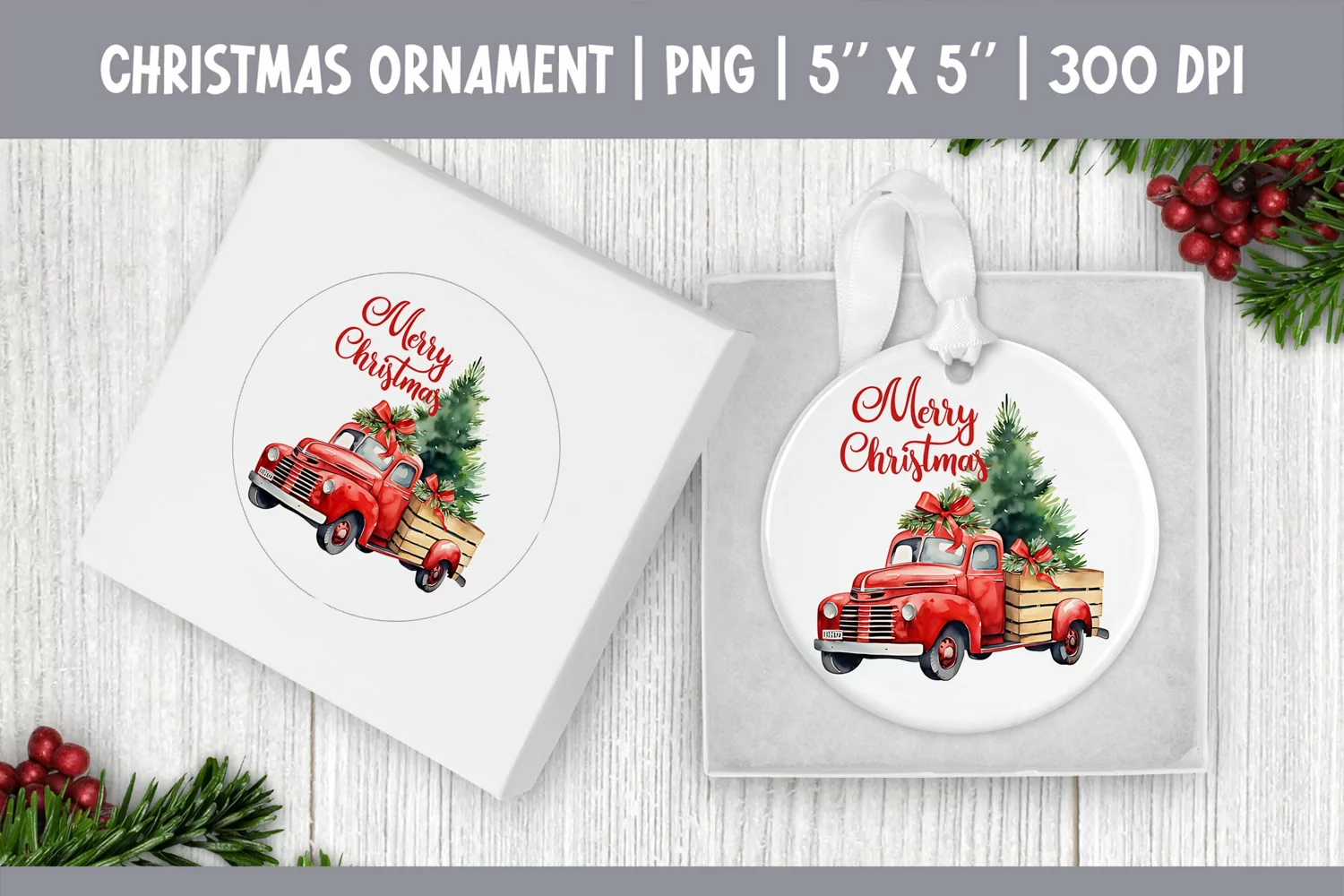 Watercolor Christmas Red Truck Ornament Sublimation Design product image 1