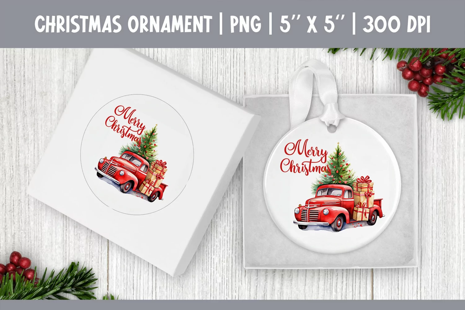 Watercolor Christmas Red Truck Ornament Sublimation Design product image 1