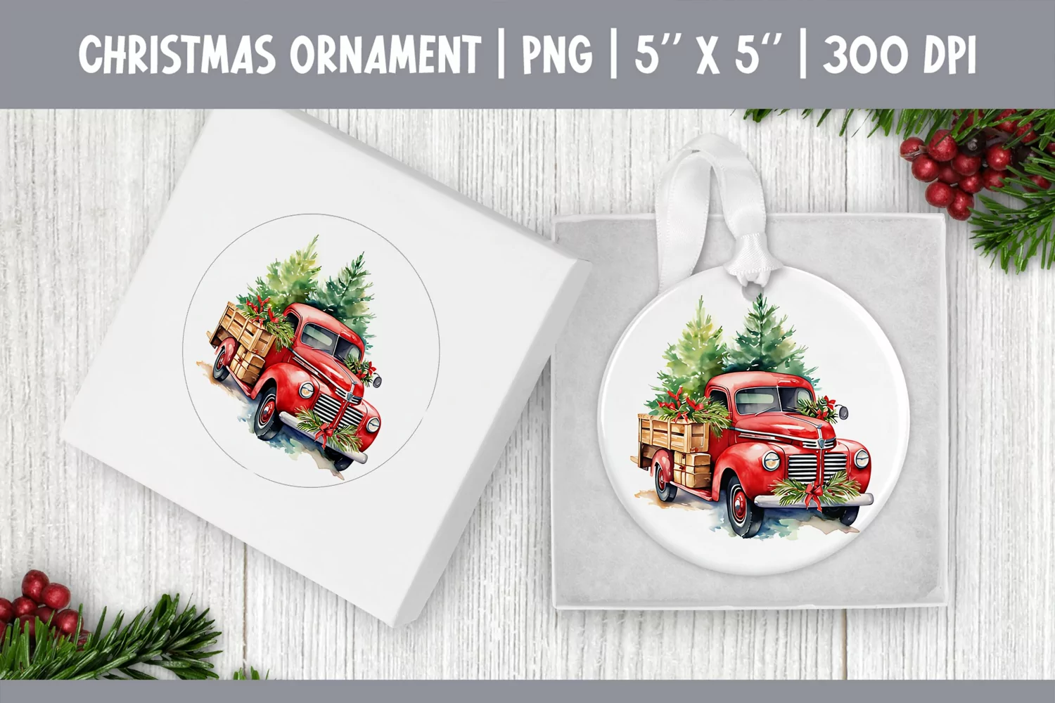 Watercolor Christmas Red Truck Ornament Sublimation Design product image 1