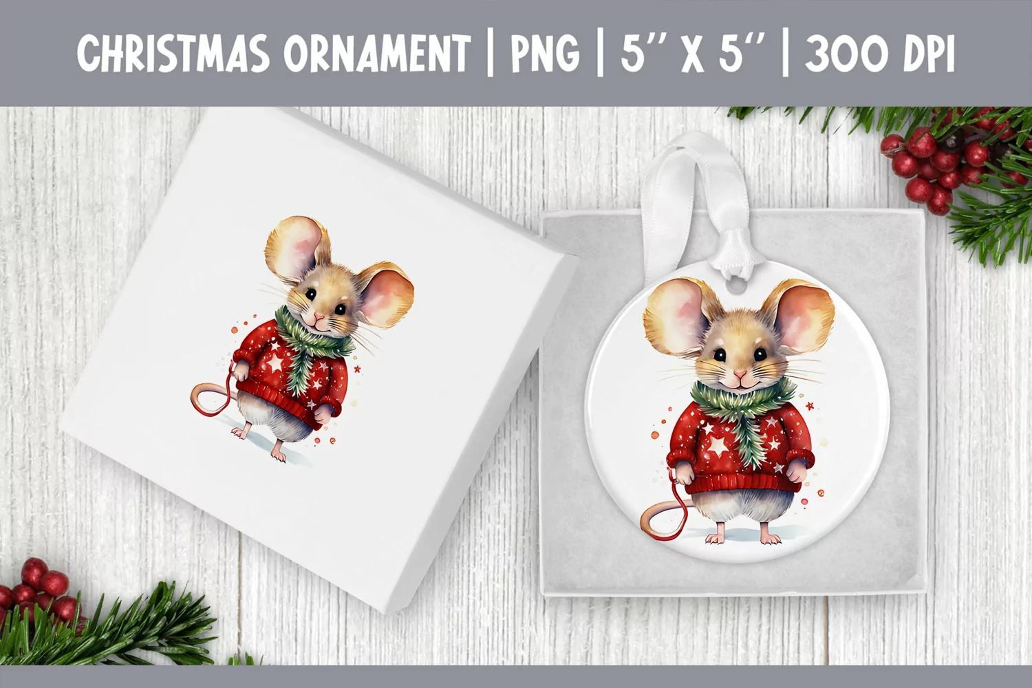 Watercolor Christmas Mouse Ornament Sublimation Design PNG product image 1