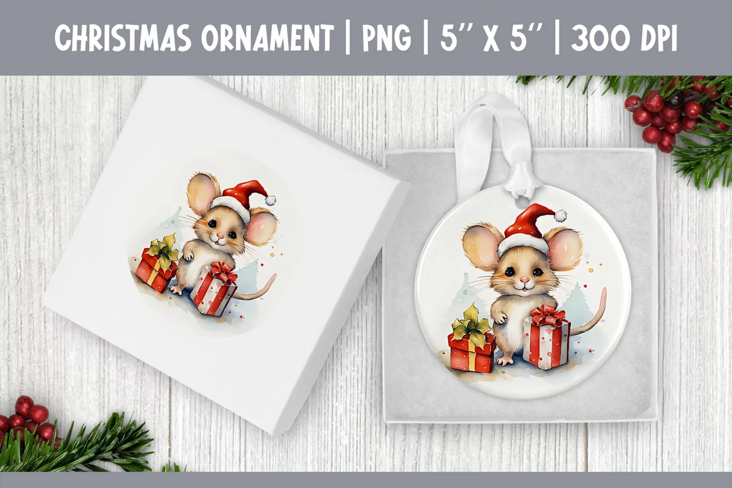 Watercolor Christmas Mouse Ornament Sublimation Design PNG product image 1