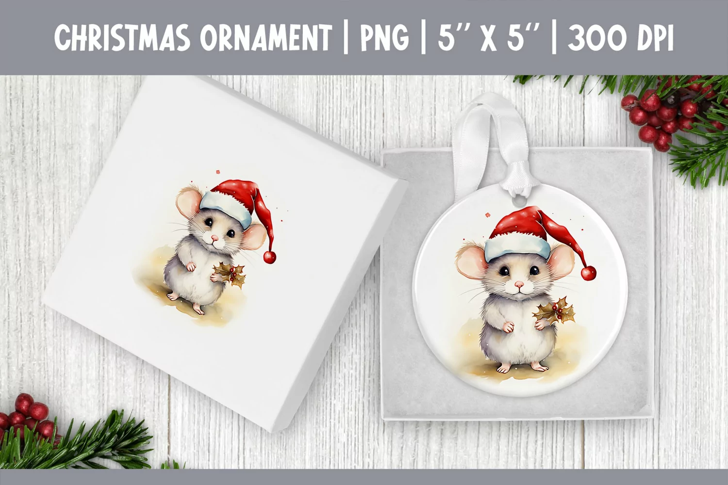 Watercolor Christmas Mouse Ornament Sublimation Design PNG product image 1