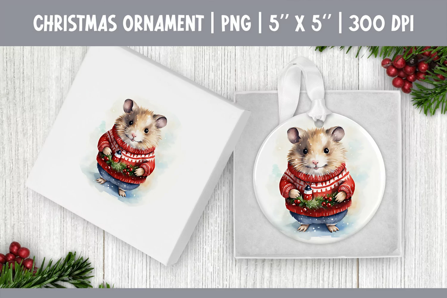 Watercolor Christmas Hamster Ornament Sublimation Design PNG product image 1