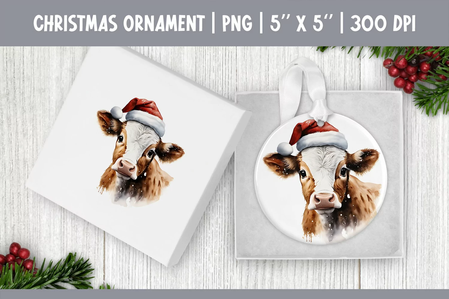 Watercolor Christmas Cow Ornament Sublimation Design PNG product image 1