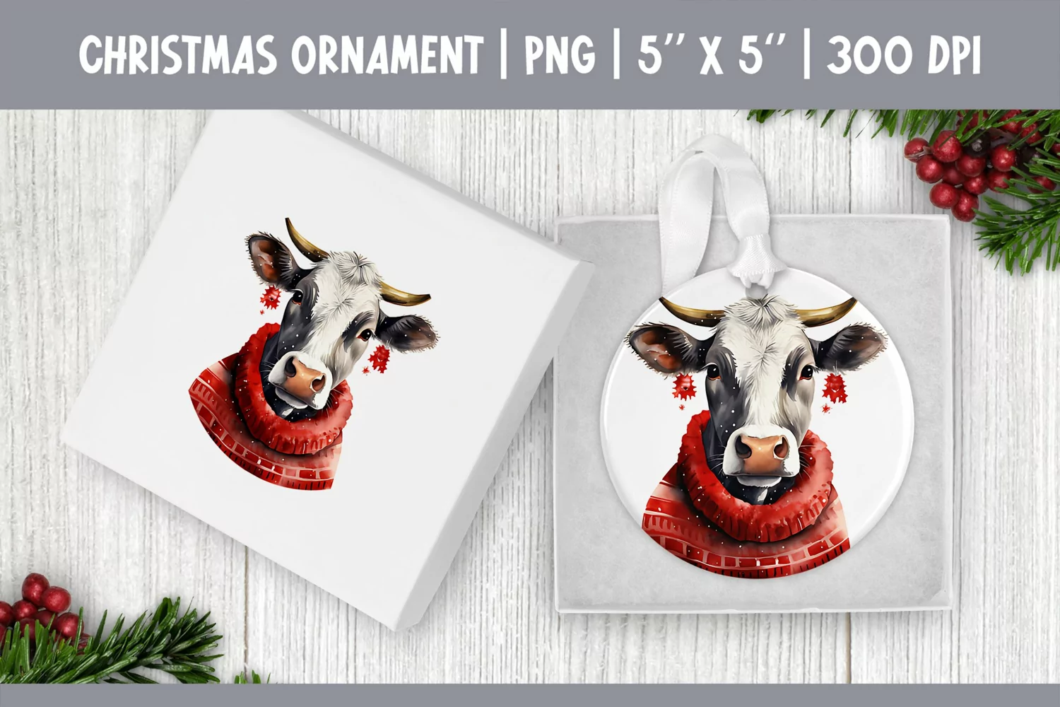 Watercolor Christmas Cow Ornament Sublimation Design PNG product image 1