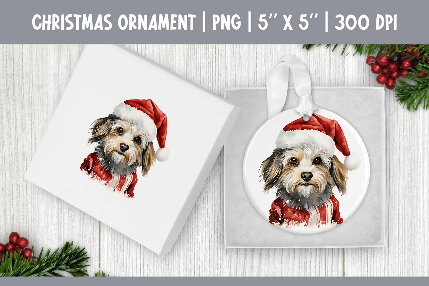 Watercolor Christmas Dog Ornament Sublimation Design PNG product image 1