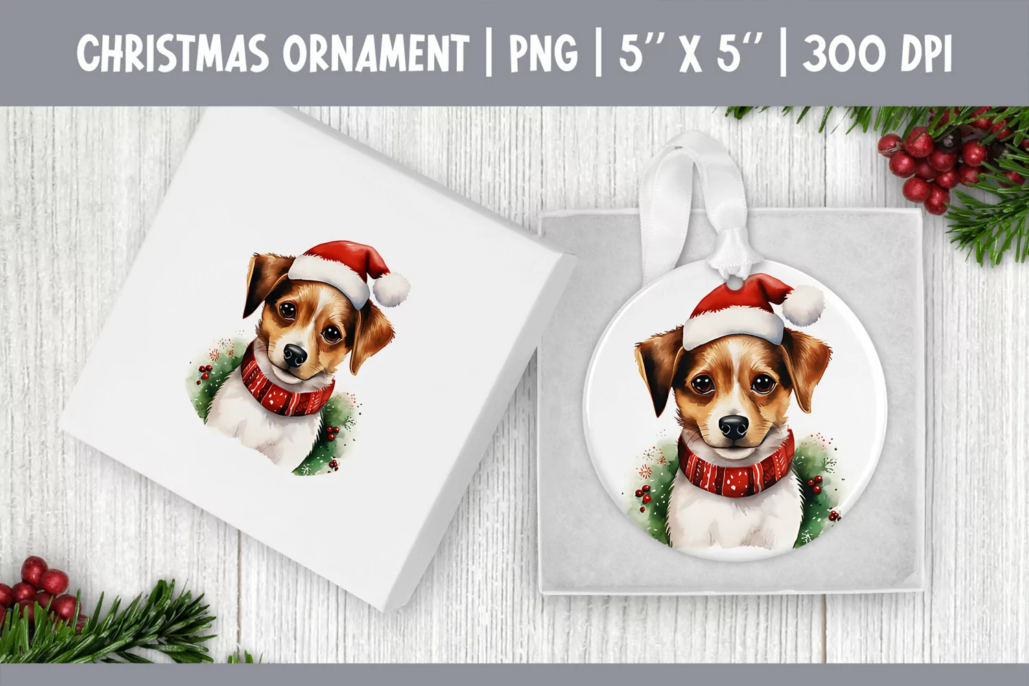 Watercolor Christmas Dog Ornament Sublimation Design PNG product image 1