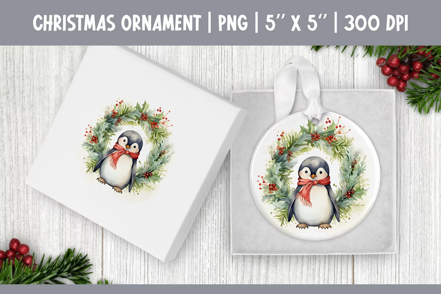 Watercolor Christmas Penguin Ornament Sublimation Design PNG product image 1