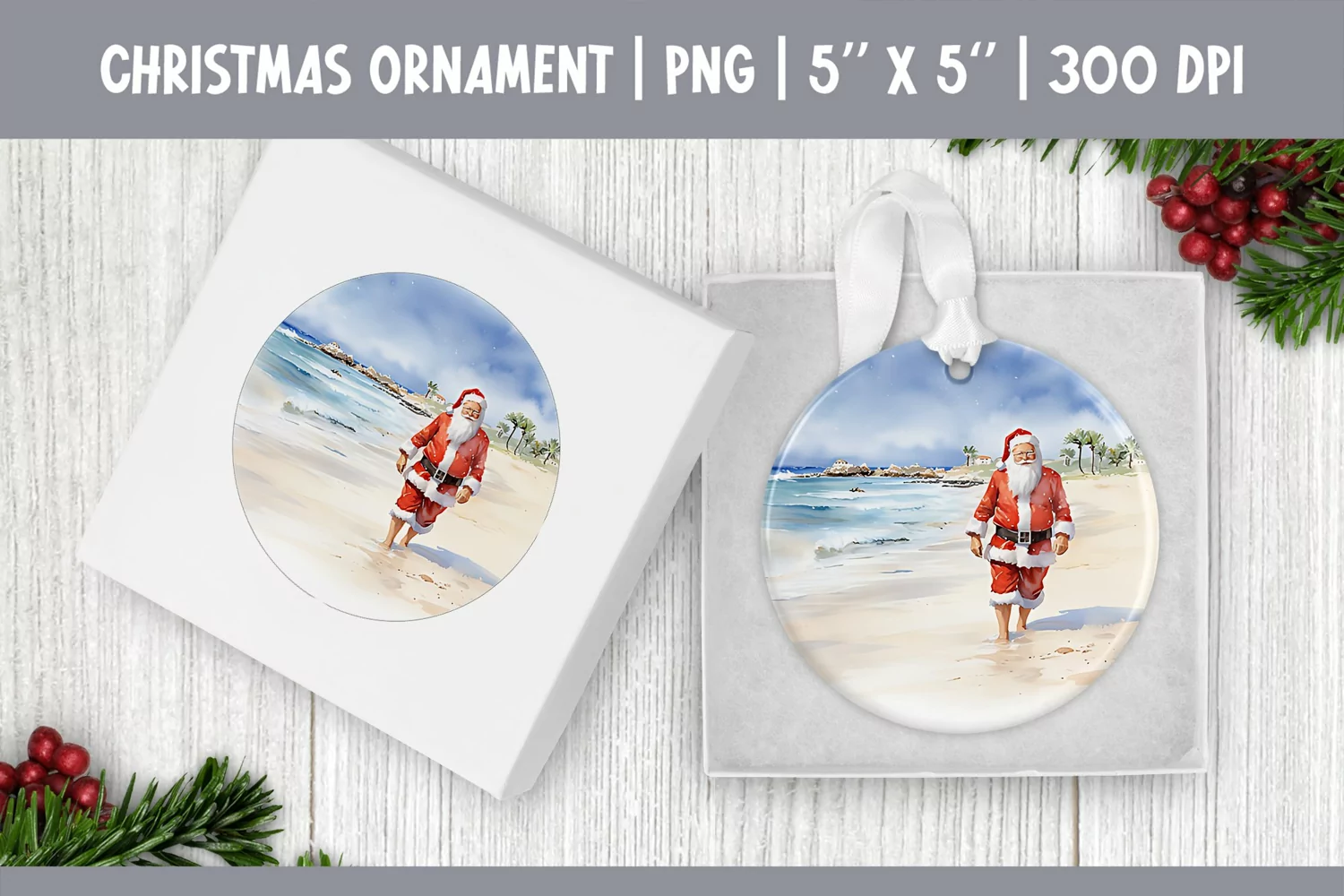 Watercolor Christmas Santa Ornament Sublimation Design PNG product image 1