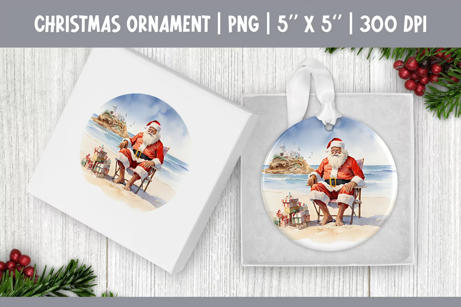 Watercolor Christmas Santa Ornament Sublimation Design PNG product image 1