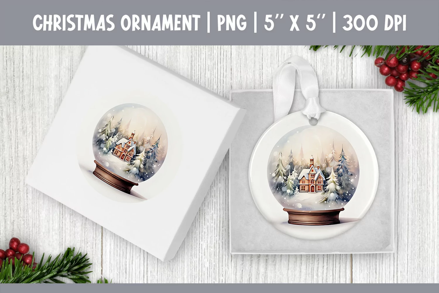 Watercolor Christmas Snow Globe Ornament Sublimation Design product image 1