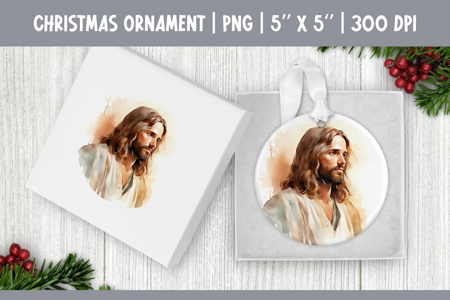 Watercolor Christmas Ornament Sublimation Design PNG | Jesus product image 1