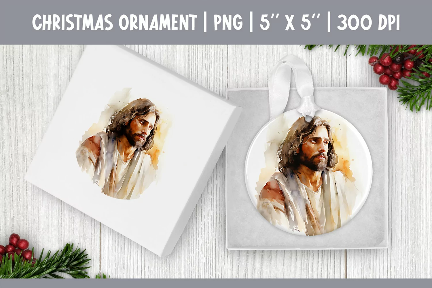 Watercolor Christmas Ornament Sublimation Design PNG | Jesus product image 1