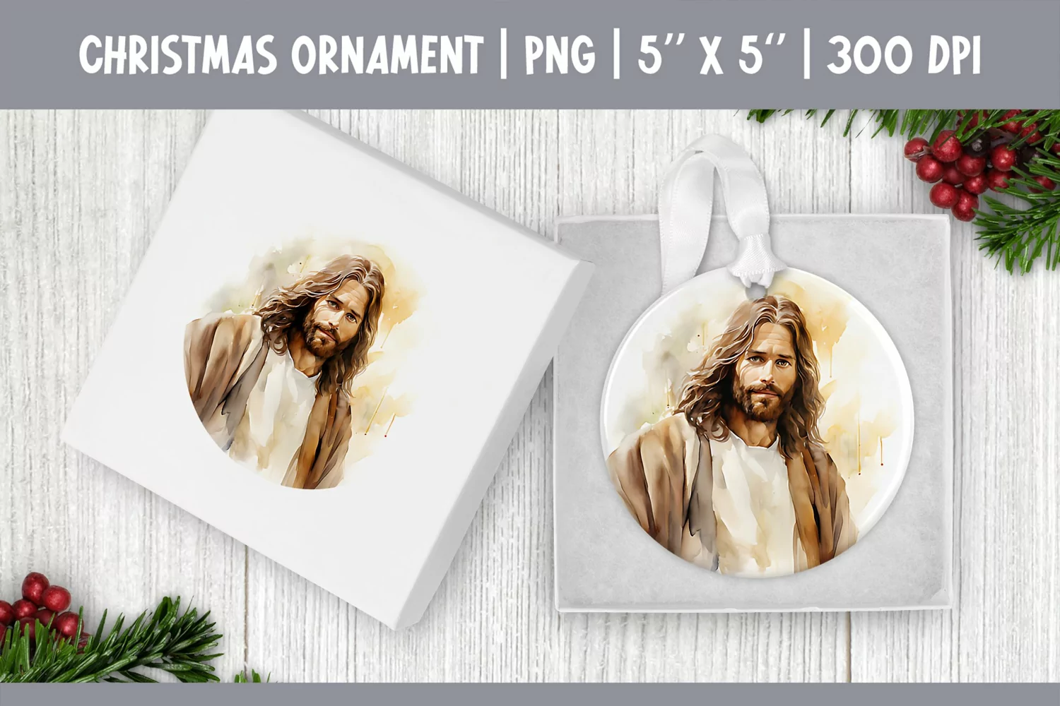 Watercolor Christmas Ornament Sublimation Design PNG | Jesus product image 1