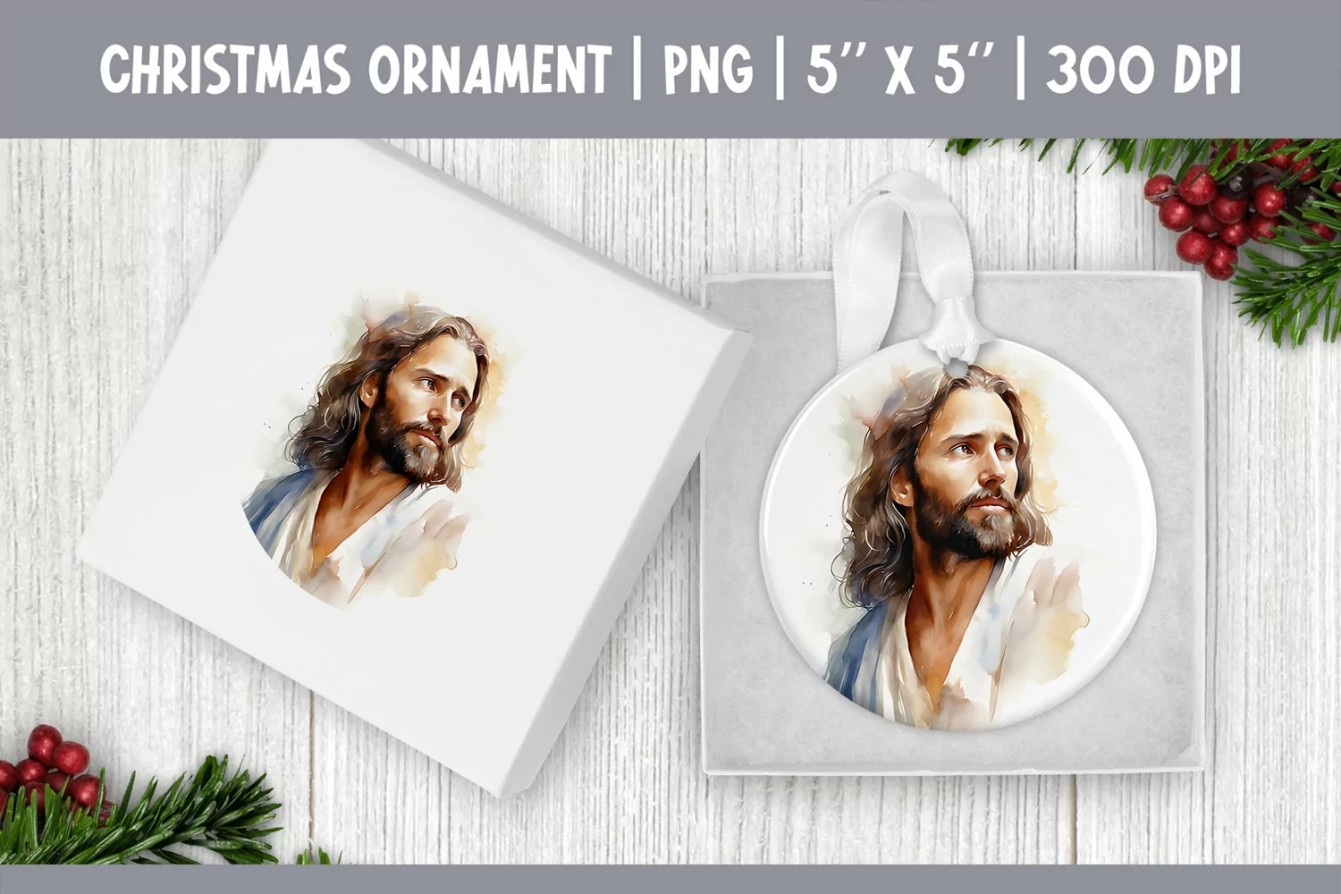 Watercolor Christmas Ornament Sublimation Design PNG | Jesus product image 1
