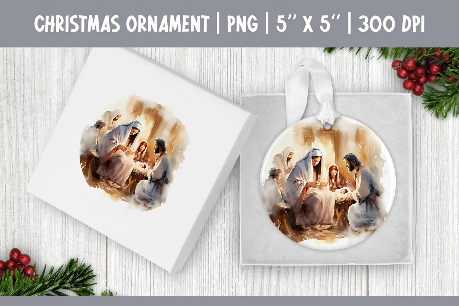 Watercolor Christmas Ornament Sublimation Design Jesus Birth product image 1