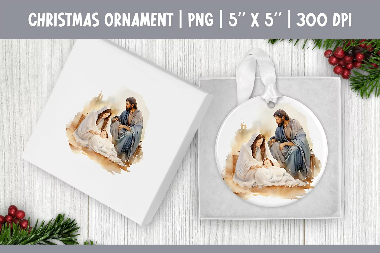 Watercolor Christmas Ornament Sublimation Design Jesus Birth product image 1
