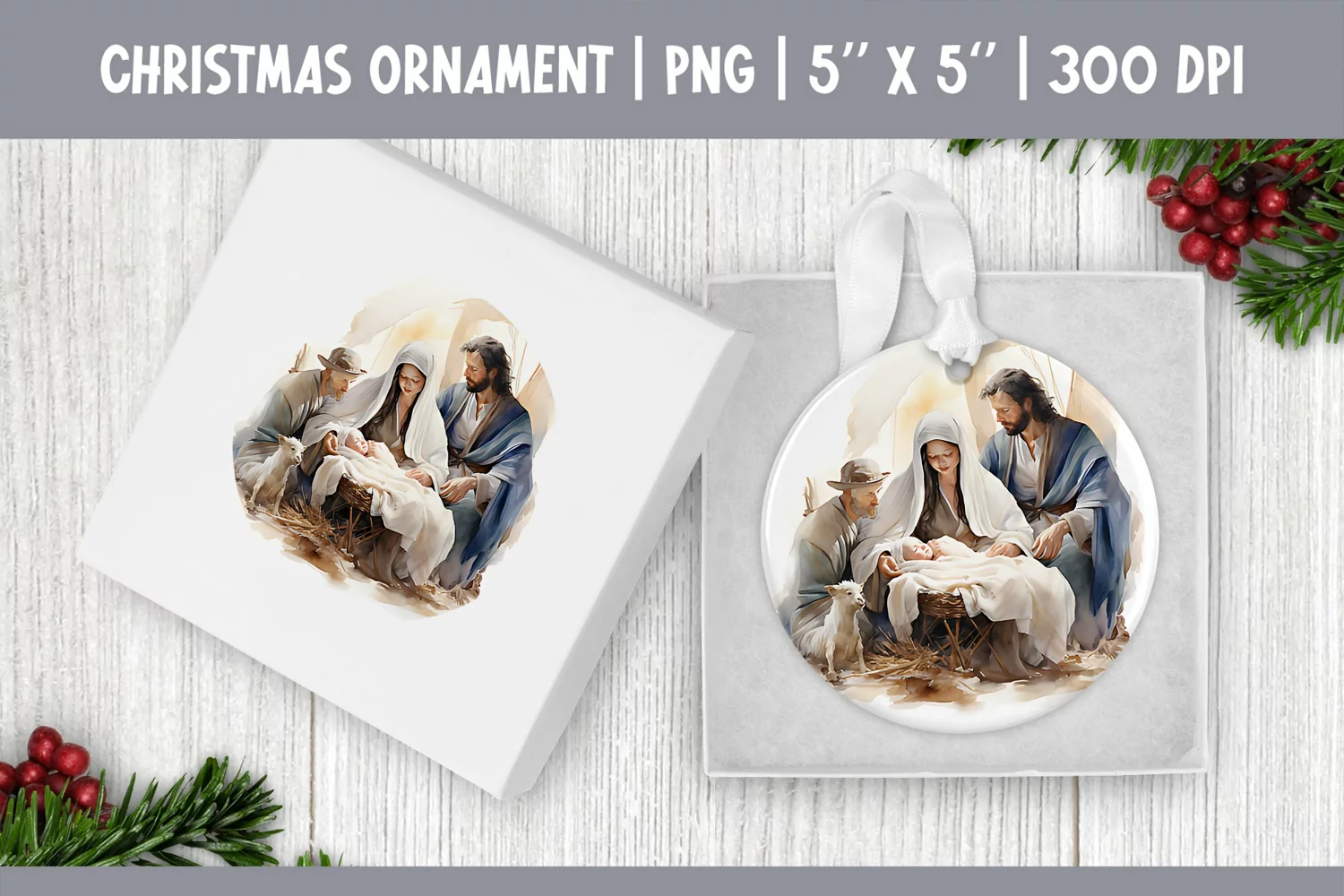 Watercolor Christmas Ornament Sublimation Design Jesus Birth product image 1