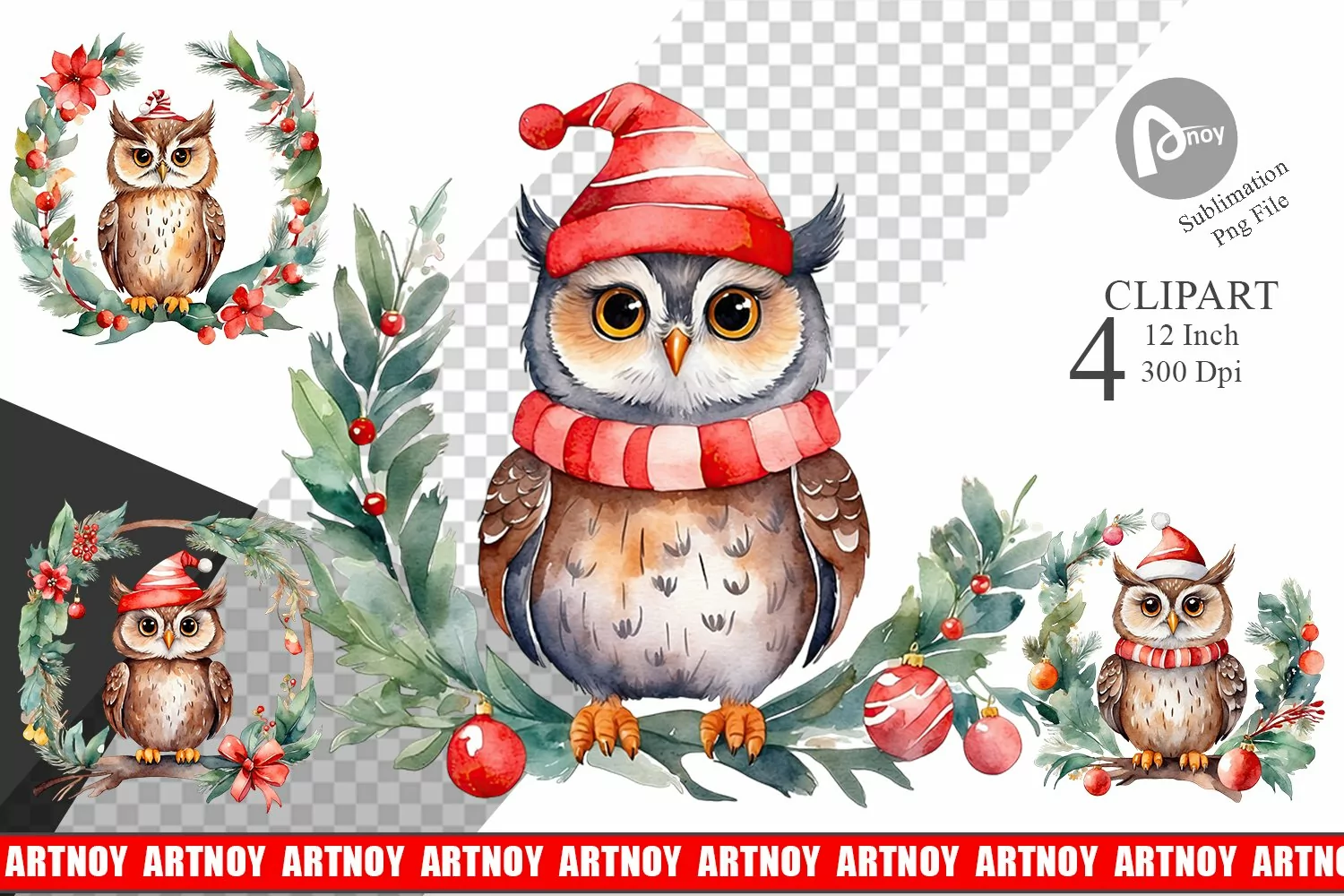 Clipart Watercolor Christmas Owl product image 1