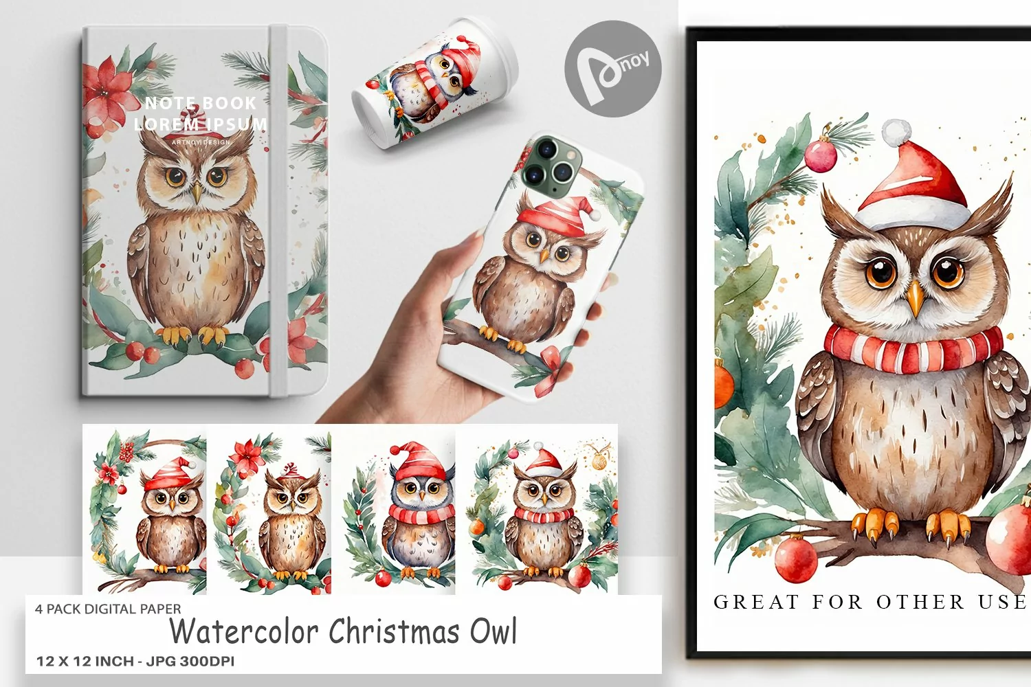Digital Paper Watercolor Christmas Owl product image 1