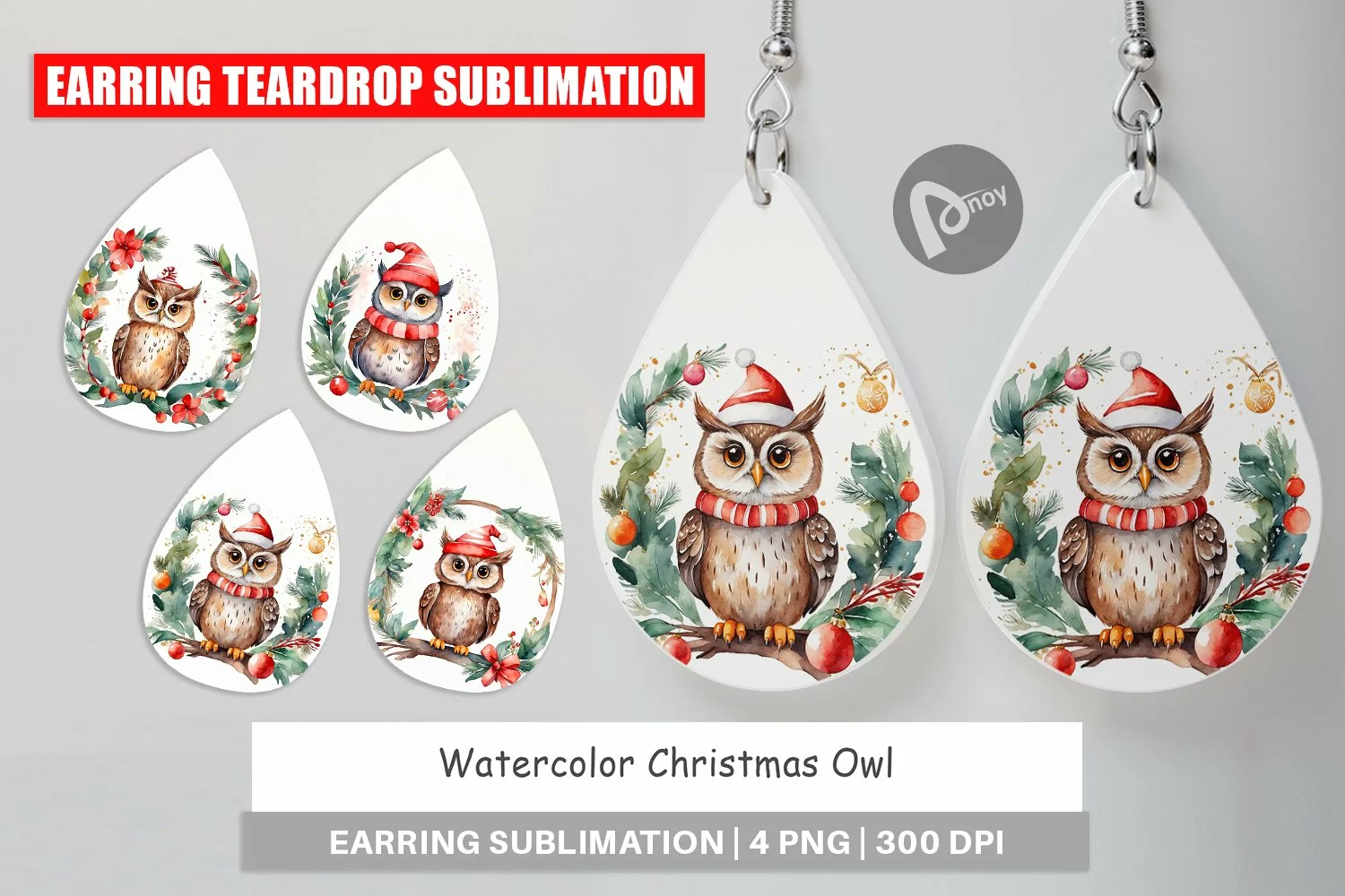 Earring Teardrop Watercolor Christmas Owl product image 1
