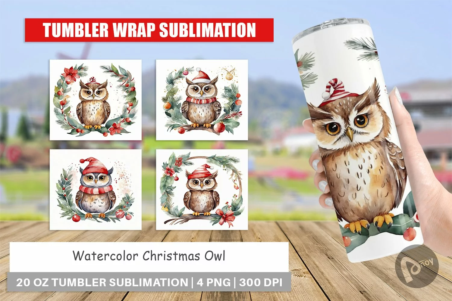 Tumbler Wrap Watercolor Christmas Owl product image 1