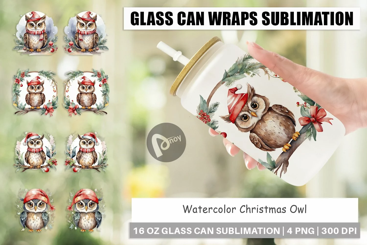 Glass Can Wraps Watercolor Christmas Owl product image 1