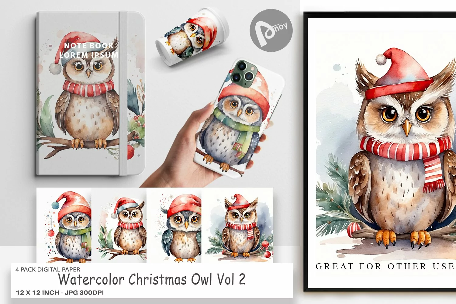 Digital Paper Watercolor Christmas Owl product image 1
