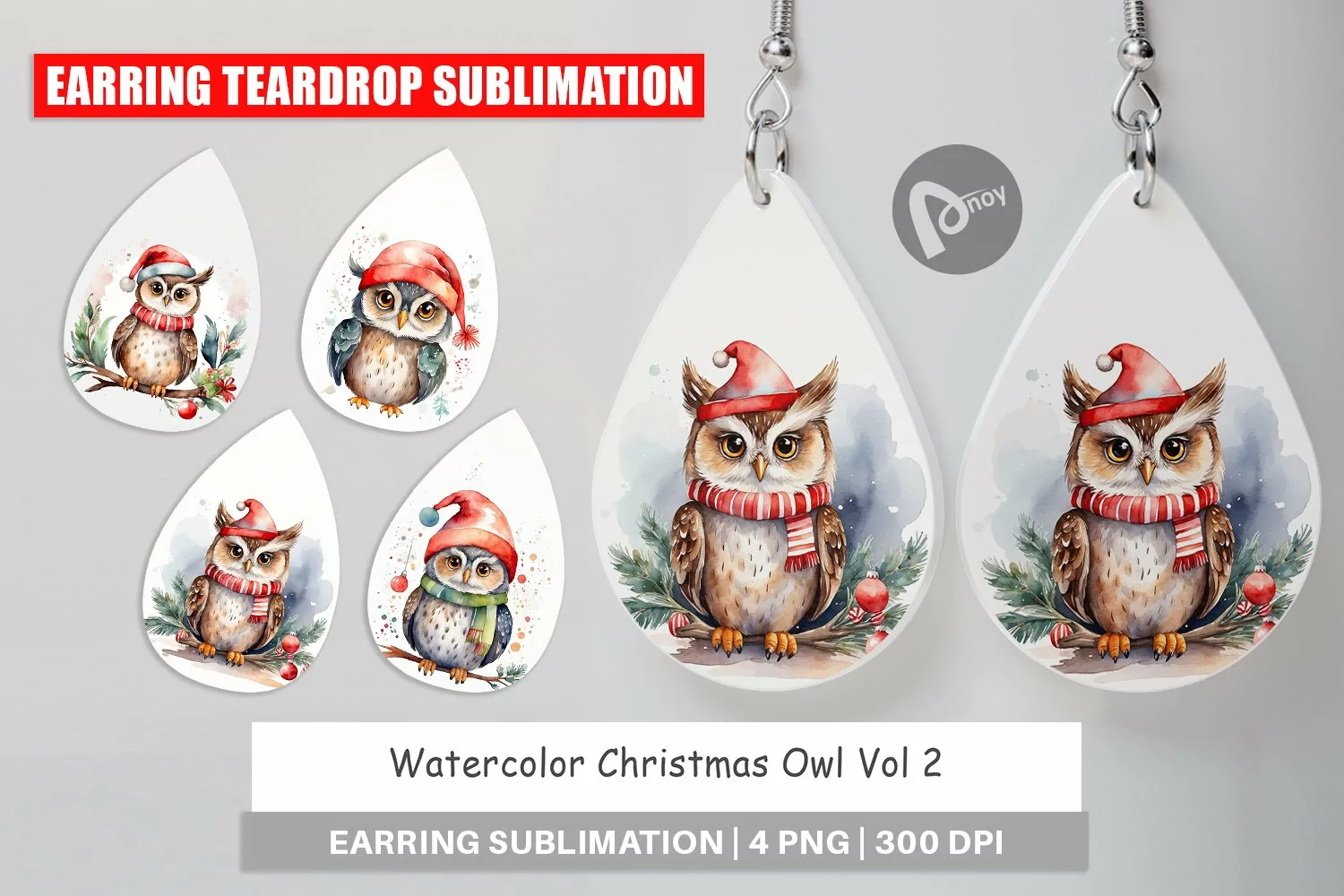 Earring Teardrop Watercolor Christmas Owl product image 1