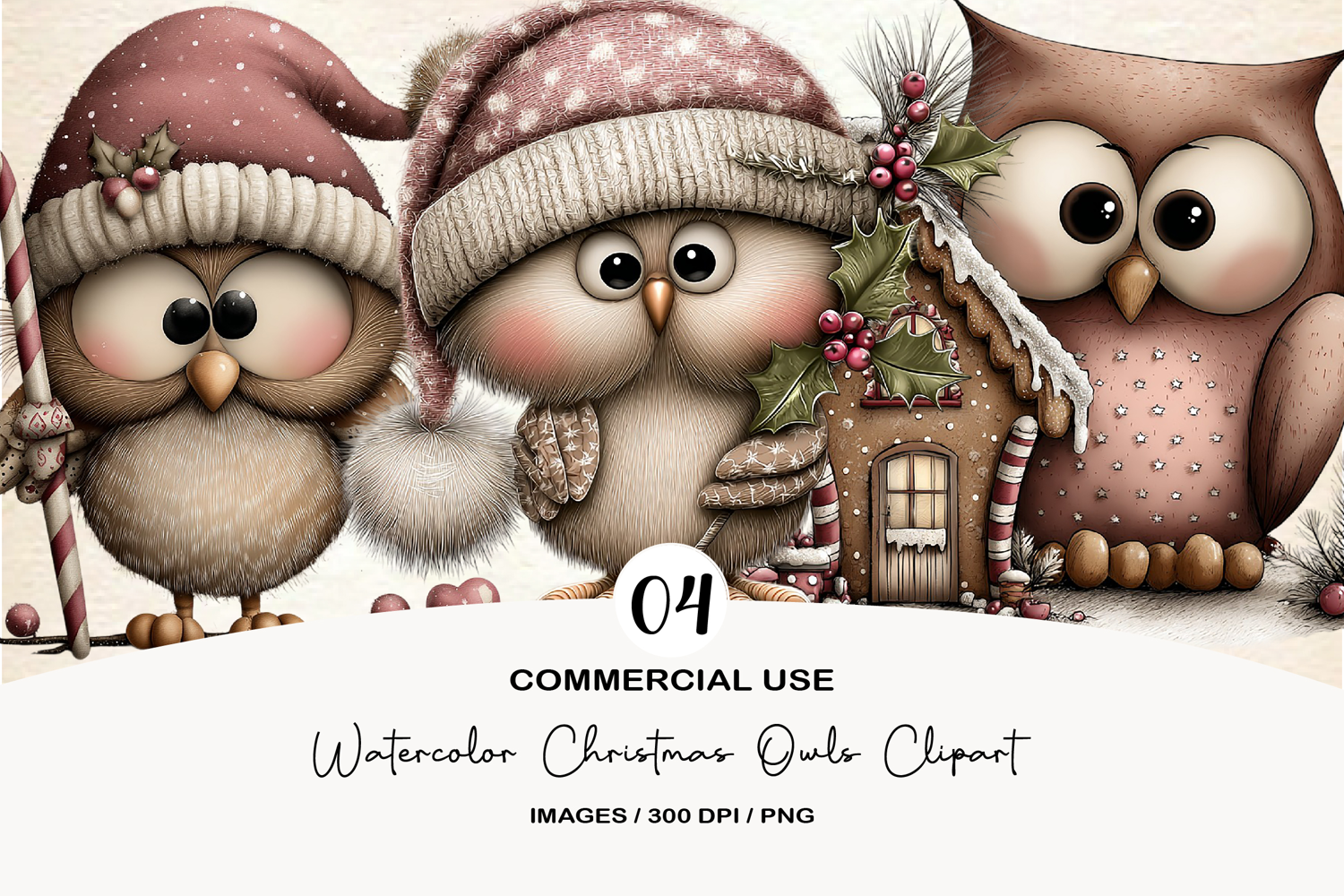 Watercolor Christmas Owls Clipart product image 1