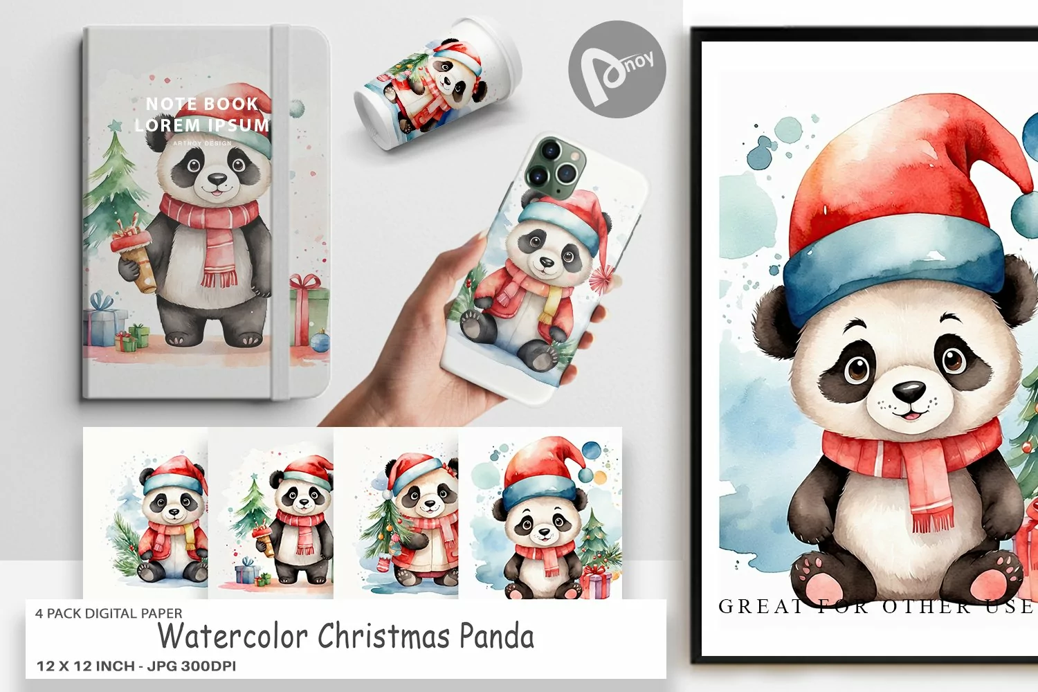 Digital Paper Watercolor Christmas Panda product image 1