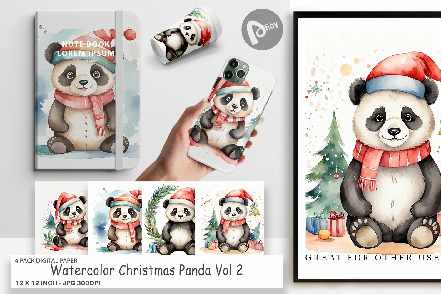Digital Paper Watercolor Christmas Panda product image 1