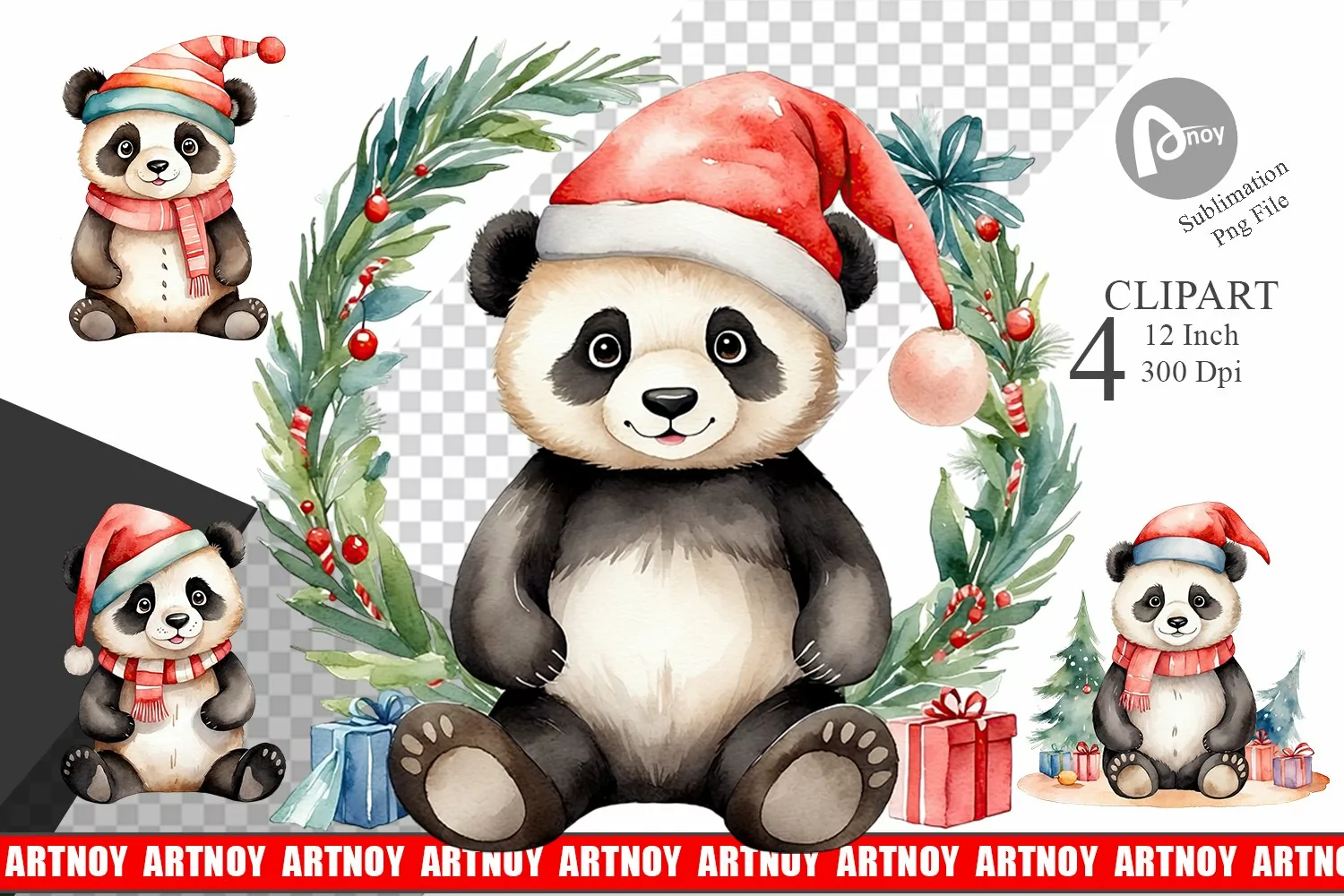 Clipart Watercolor Christmas Panda product image 1