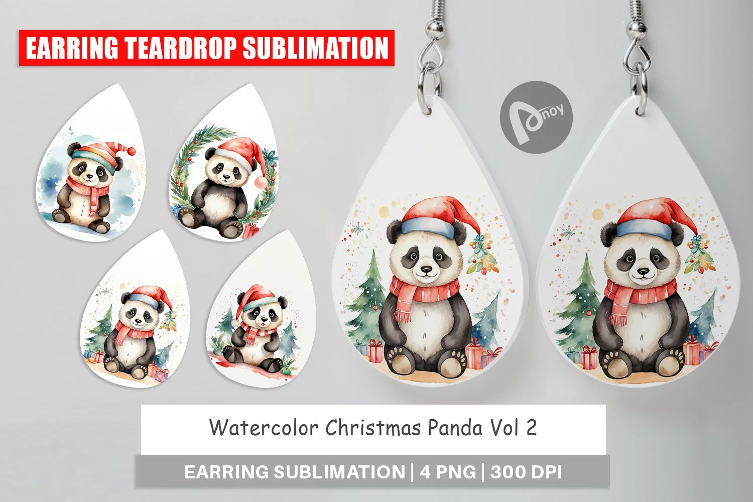 Earring Teardrop Watercolor Christmas Panda product image 1