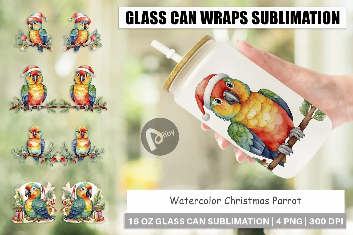 Glass Can Wraps Watercolor Christmas Parrot product image 1