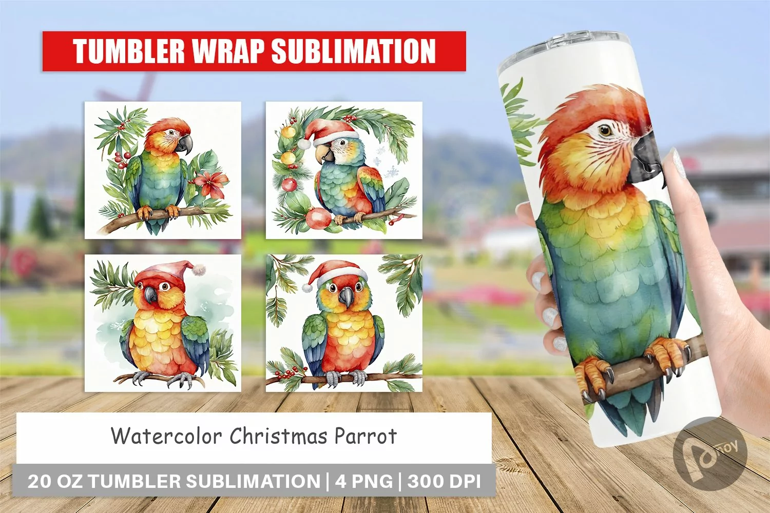 Tumbler Wrap Watercolor Christmas Parrot product image 1