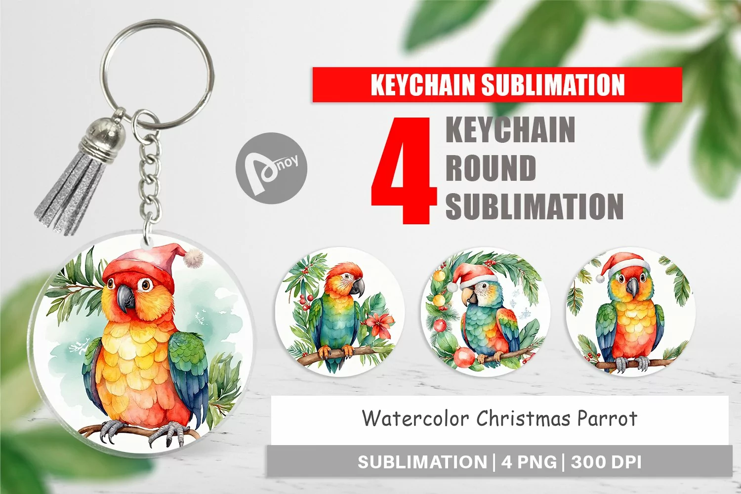 Keychain Watercolor Christmas Parrot product image 1