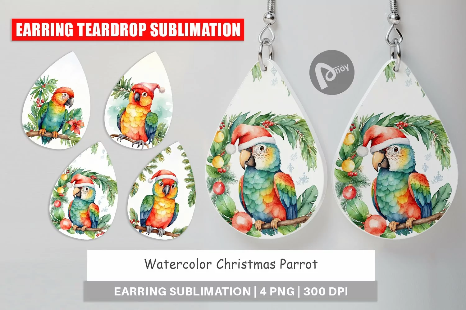 Earring Teardrop Watercolor Christmas Parrot product image 1