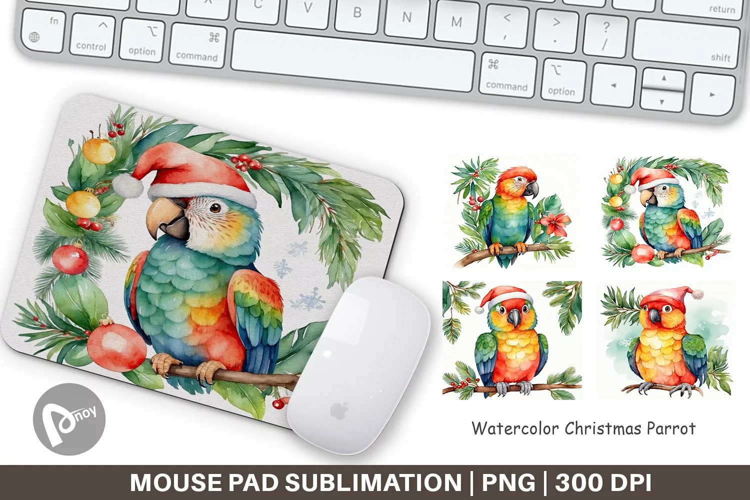 Mouse Pad Watercolor Christmas Parrot product image 1