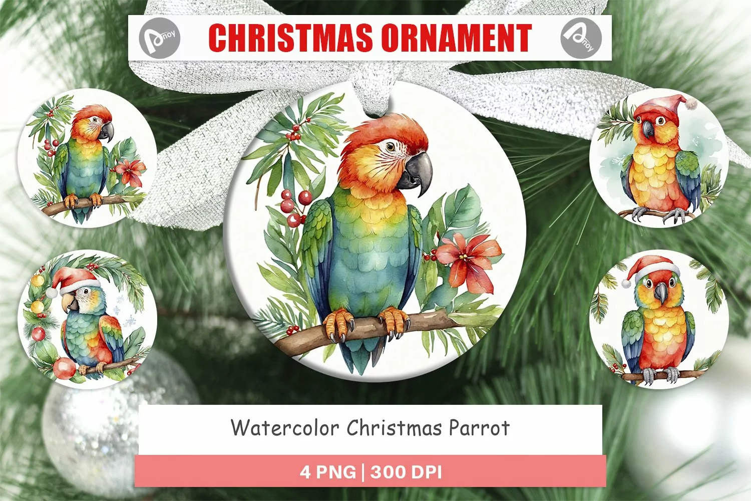 Christmas Ornaments Watercolor Christmas Parrot product image 1