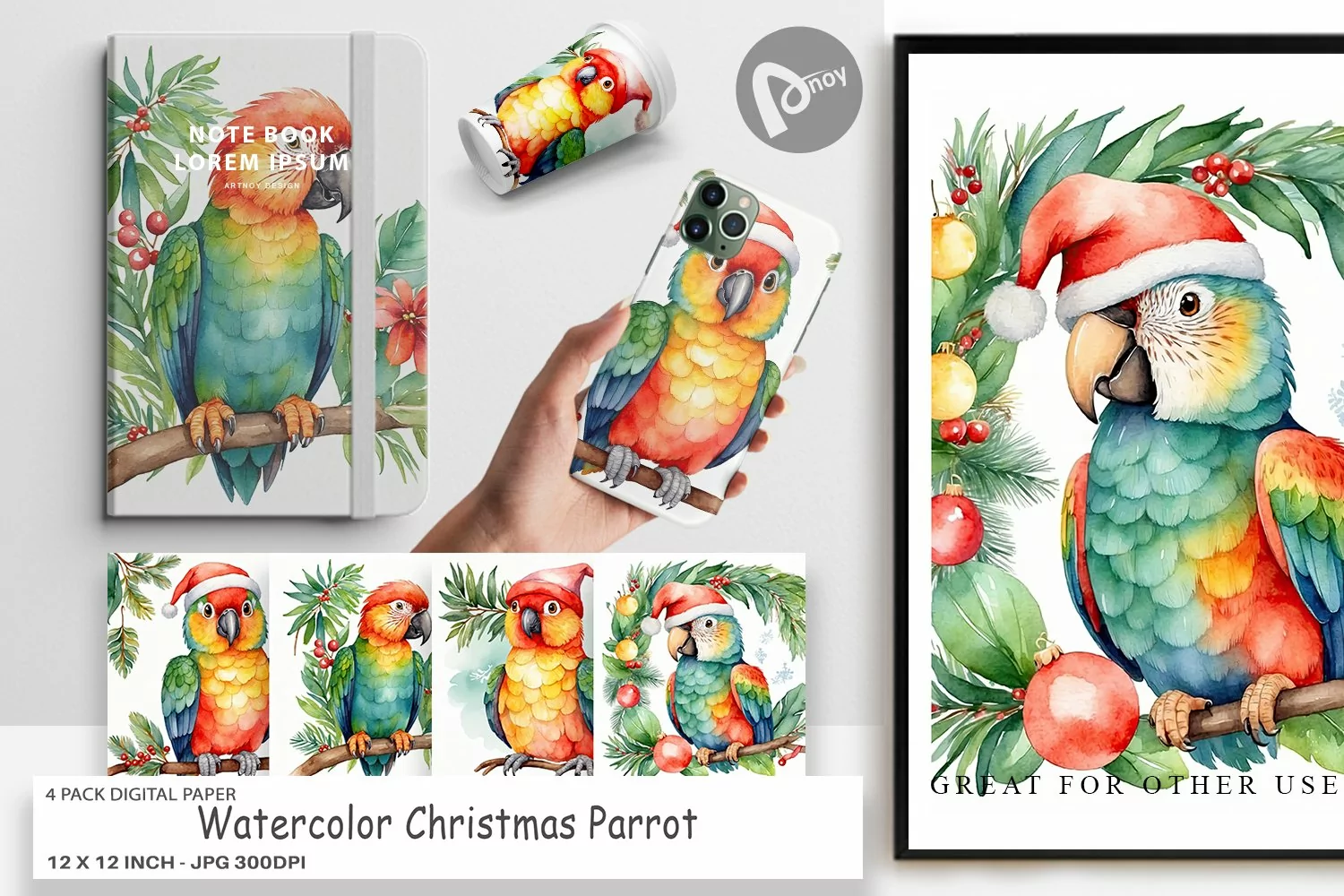 Digital Paper Watercolor Christmas Parrot product image 1
