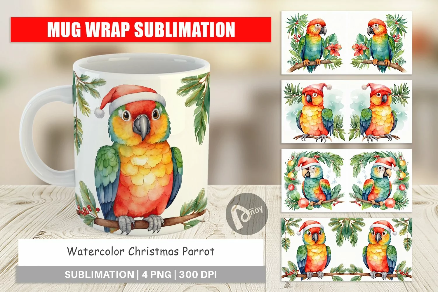 Mug Wrap Design Watercolor Christmas Parrot product image 1