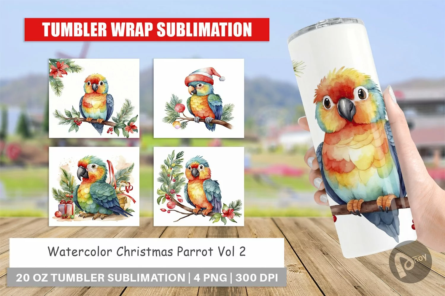Tumbler Wrap Watercolor Christmas Parrot product image 1