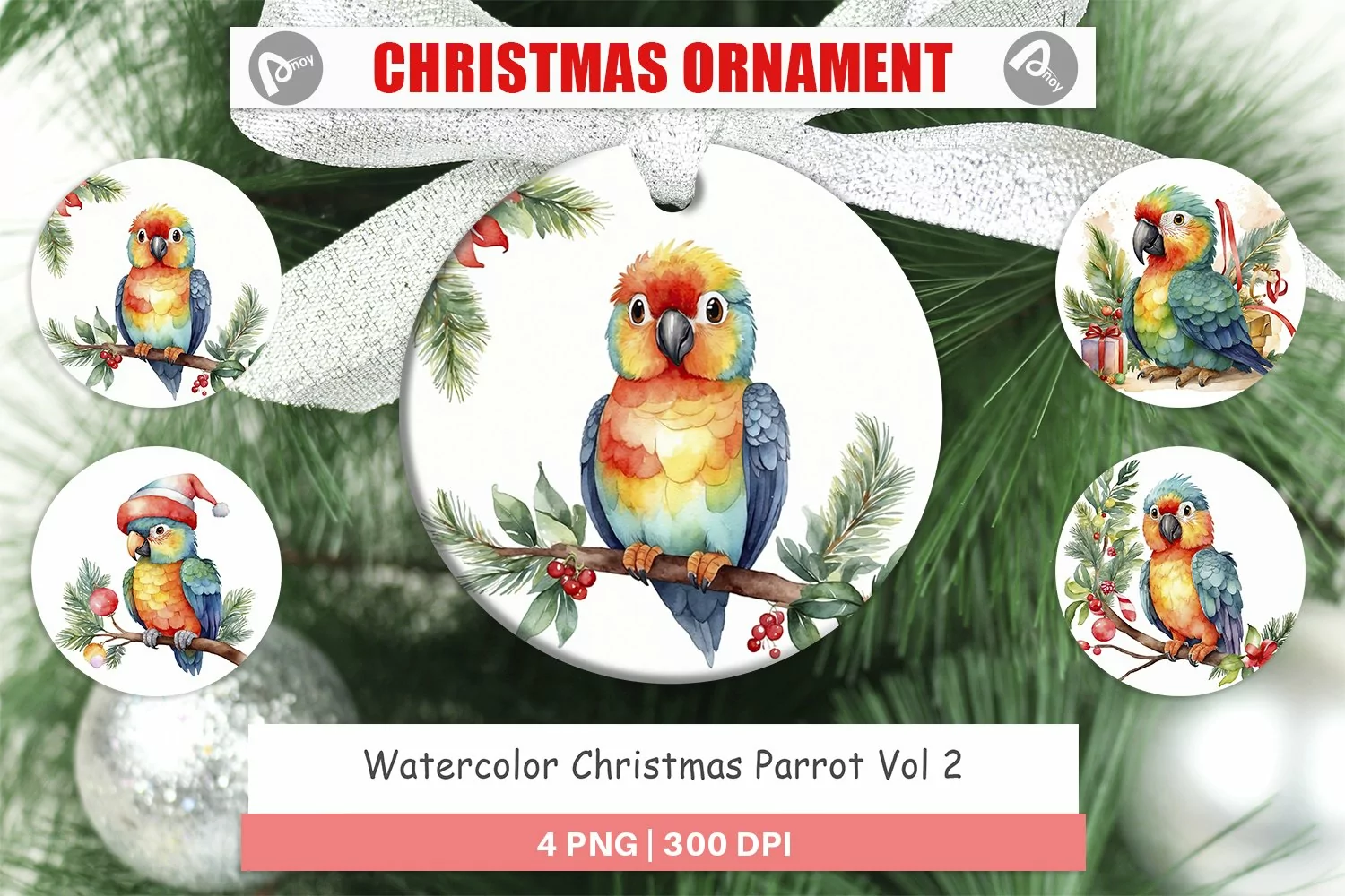 Christmas Ornaments Watercolor Christmas Parrot product image 1