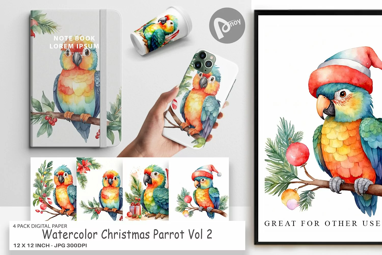 Digital Paper Watercolor Christmas Parrot product image 1