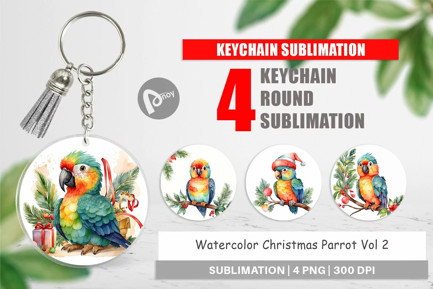 Keychain Watercolor Christmas Parrot product image 1