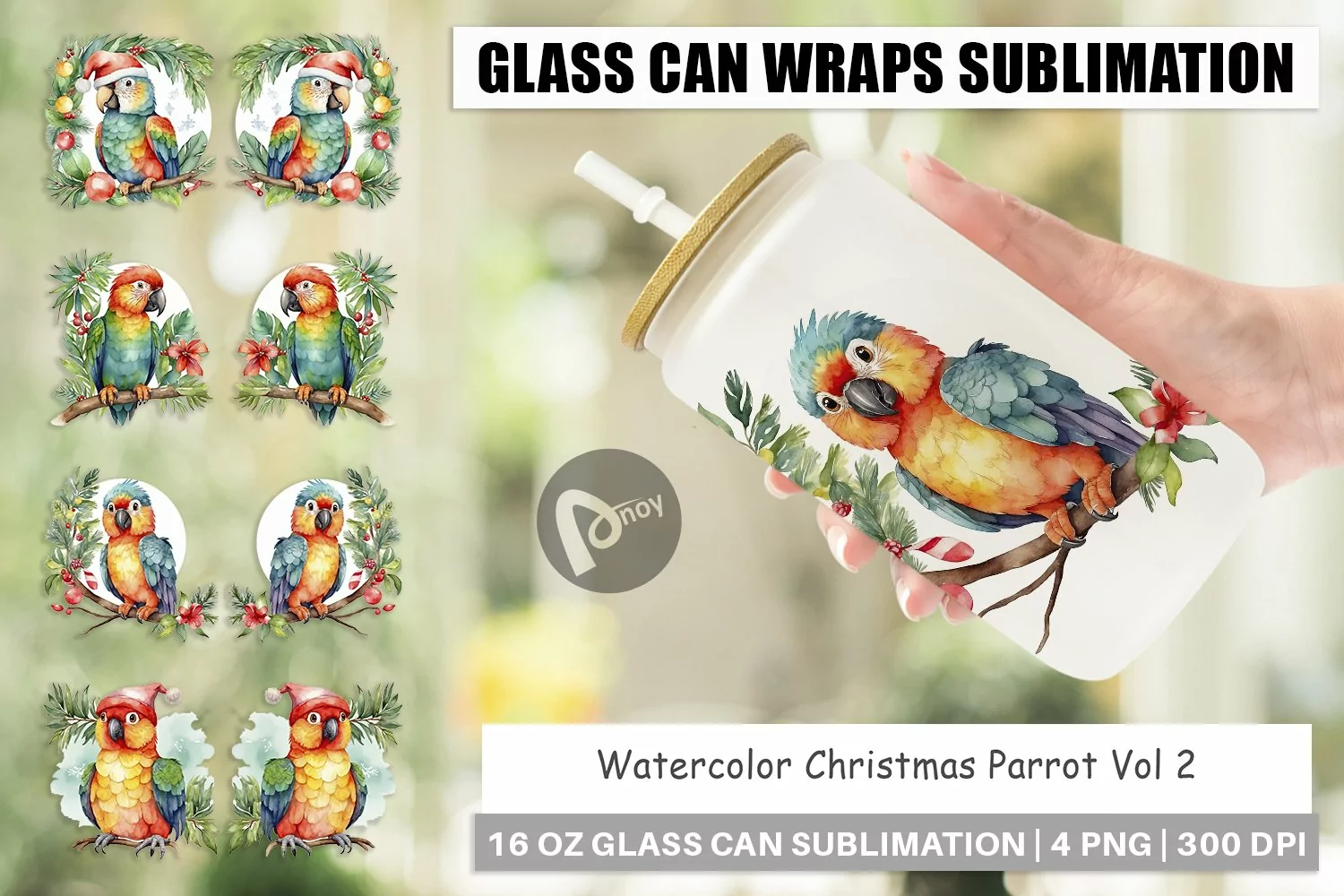 Glass Can Wraps Watercolor Christmas Parrot product image 1