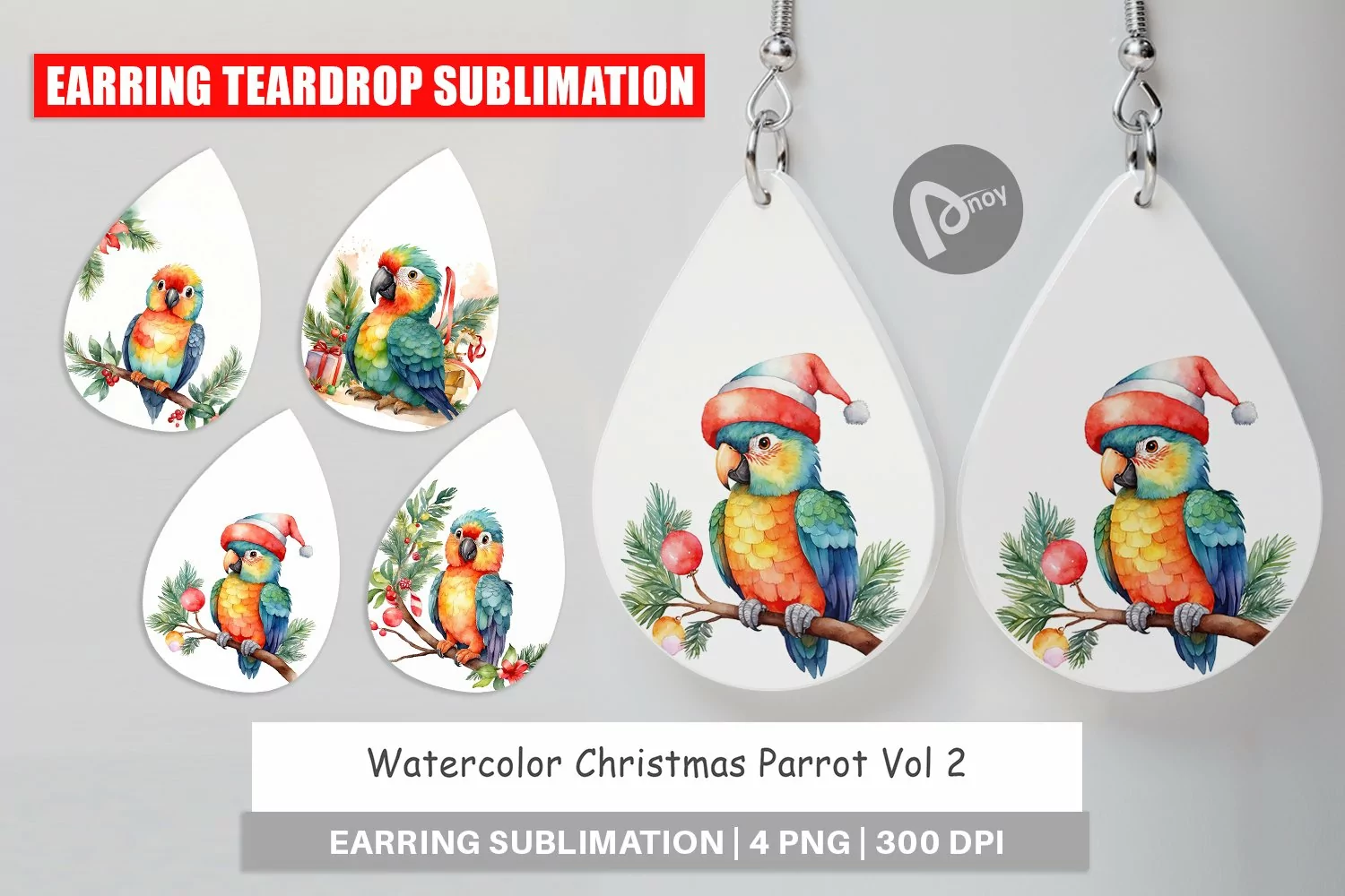 Earring Teardrop Watercolor Christmas Parrot product image 1